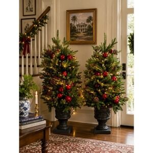 Balsam Hill 4' Norway Spruce Holiday Potted Trees LED Lights Pair